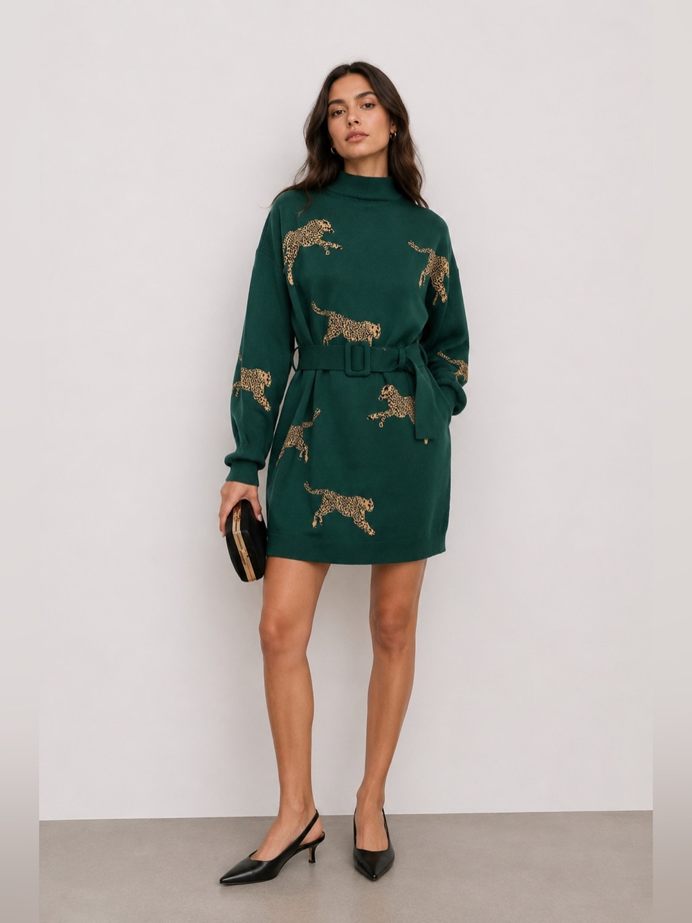 BLOGGER FAVORITE LONG SLEEVE CHEETAH ANIMAL PRINT BELTED SWEATER MINI DRESS